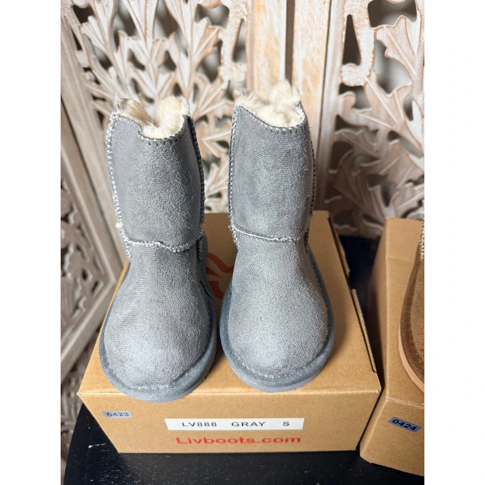 Livboots LV888 Kids Faux Suede Shearling Lined Winter Boots Gray Brown Size S